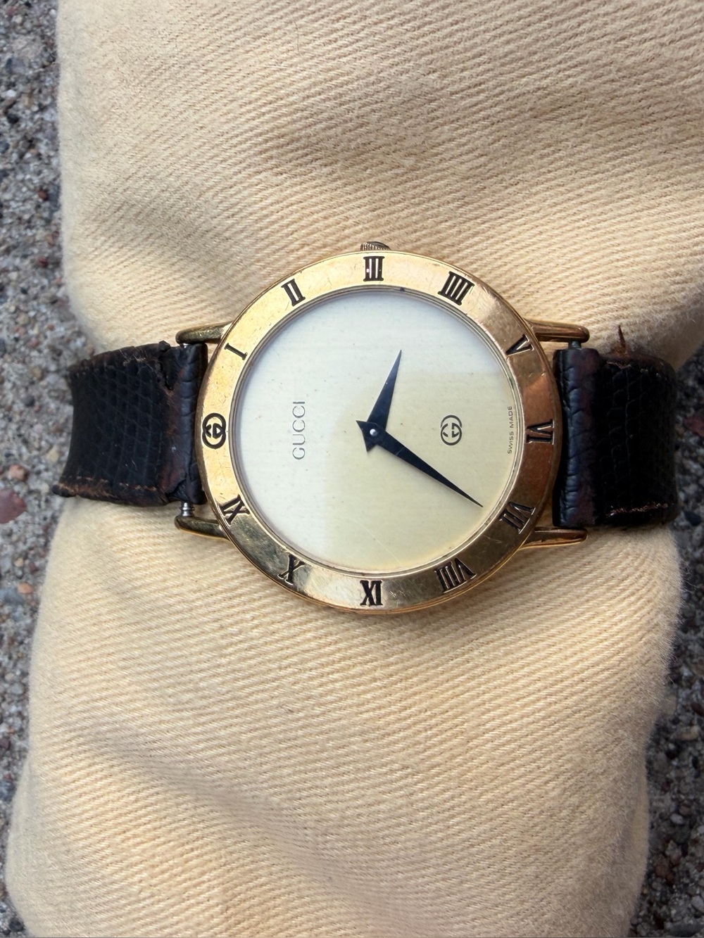 Gucci Gold and Brown Leather Classic Roman Numeral Watch